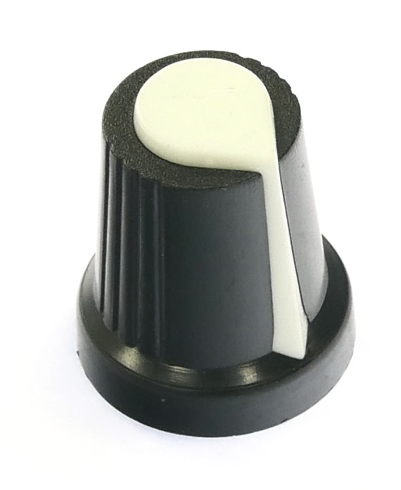 White on Black knob for 6mm spline 14.2mm Skirt dia by 16.5mm high