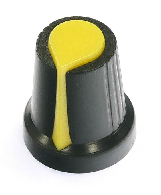 Yellow on Black knob for 6mm spline 14.2mm Skirt dia by 16.5mm high