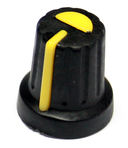 Black 16mm Push Fit Knob with Yellow Pointer for 6mm Splined Shaft