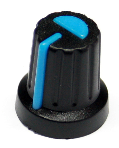 Black 16mm Push Fit Knob with Blue Pointer for 6mm Splined Shaft