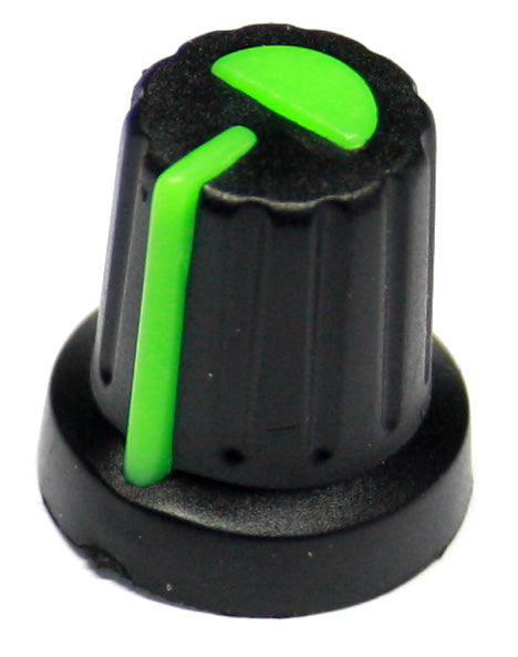 Black 16mm Push Fit Knob with Green Pointer for 6mm Splined Shaft