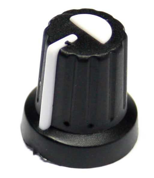 Black 16mm Push Fit Knob with White Pointer for 6mm Splined Shaft